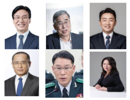 위에서 좌로부터 김민석 국무총리 후보자, 이종석 국가정보원장 후보자, 강훈식 비서실장, 아래 좌로부터 위성락 안보실장, 황인권 경호처장, 강유정 대변인.​