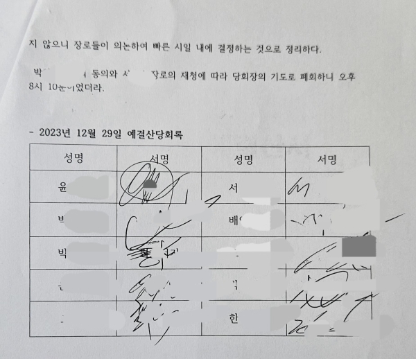 예결산당회 결의 후 당회원 서명